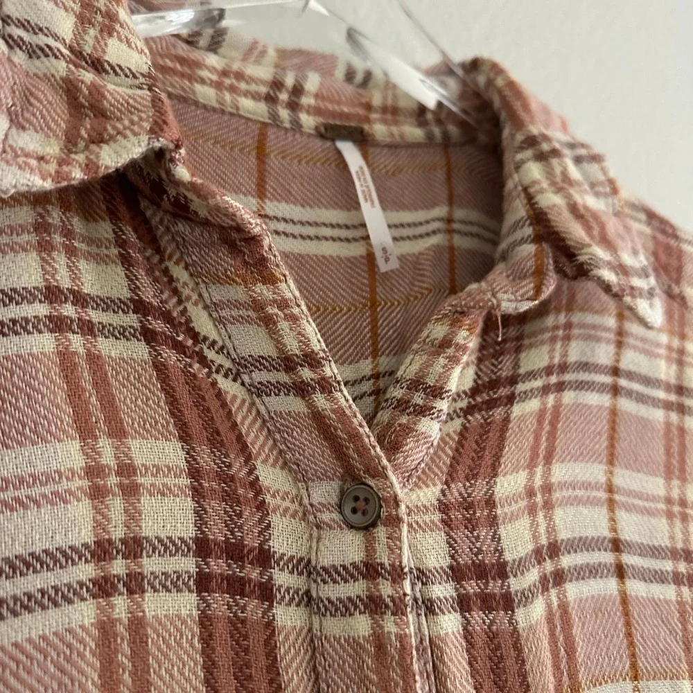Free People Plaid Button Up Shirt Womens Small Pink Cream Orange Long Sleeve
